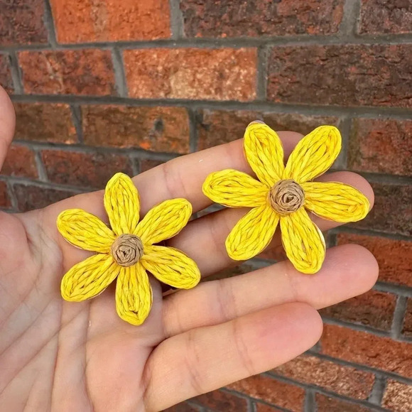 Bohemian Sunflower Sky Boho Raffia Flower Earrings - Picture 8 of 10